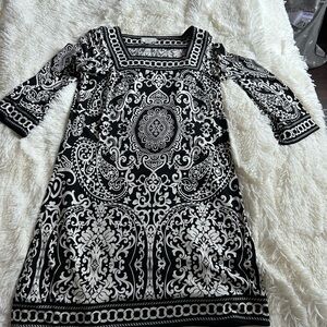 Anne Taylor LOFT Black & White Long-Sleeve Square Neck Printed Dress
